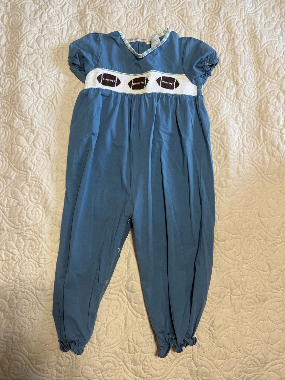 Girls Smocked Football One-Piece jumpsuit in blue for toddler 3T ruffles snaps